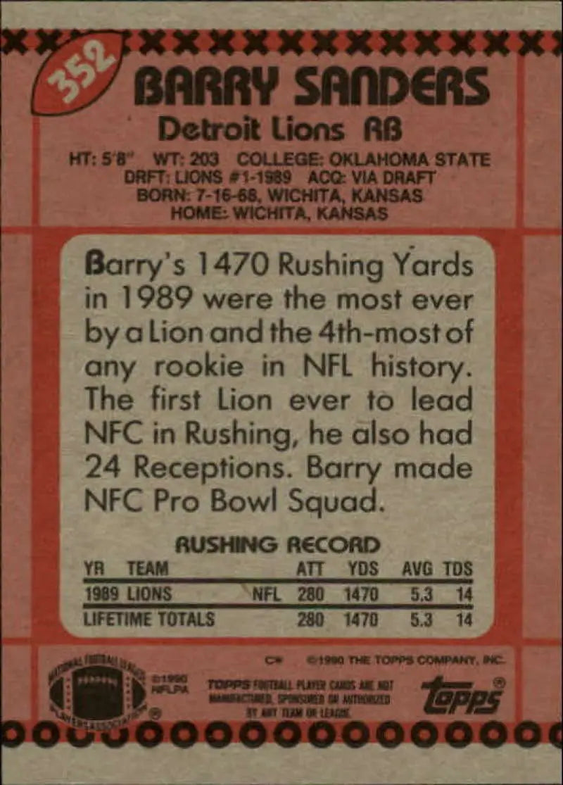 1990 Topps #352 Barry Sanders EX Excellent Detroit Lions Football Card - Football Card Single