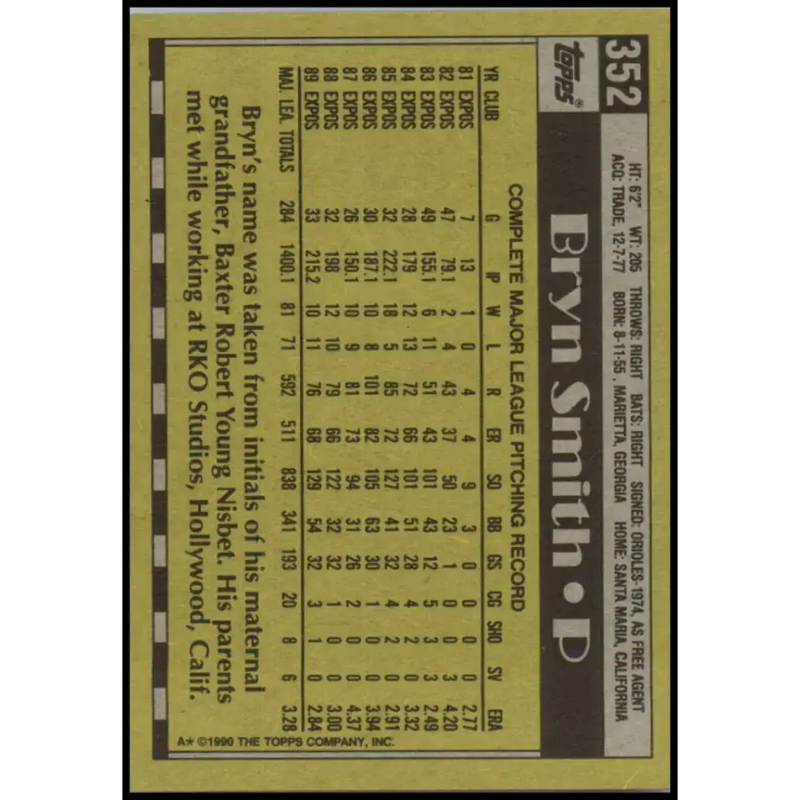 1990 Topps #352 Bryn Smith NM-MT Montreal Expos Baseball Card - Baseball Card Single