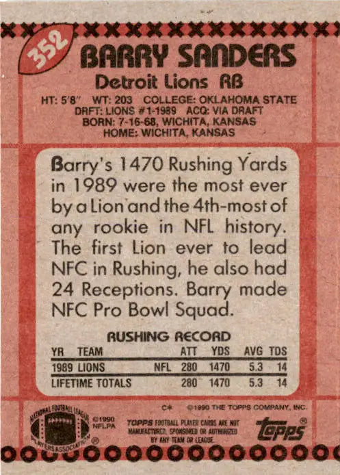 1990 Topps #352b Barry Sanders - Football Card Single