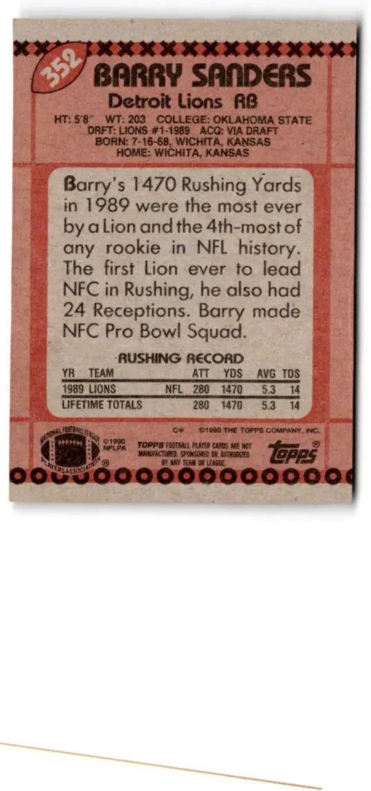 1990 Topps #352b Barry Sanders - Football Card Single