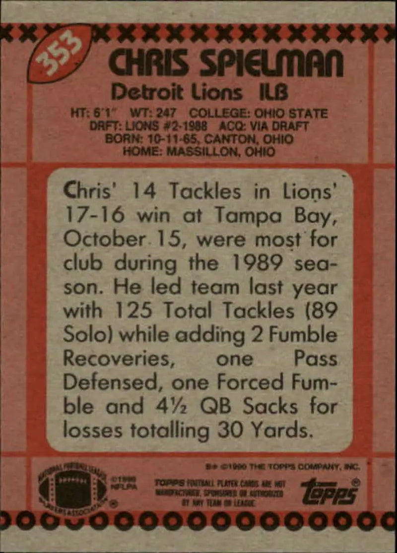 1990 Topps #353 Chris Spielman EX Excellent Detroit Lions Football Card - Football Card Single