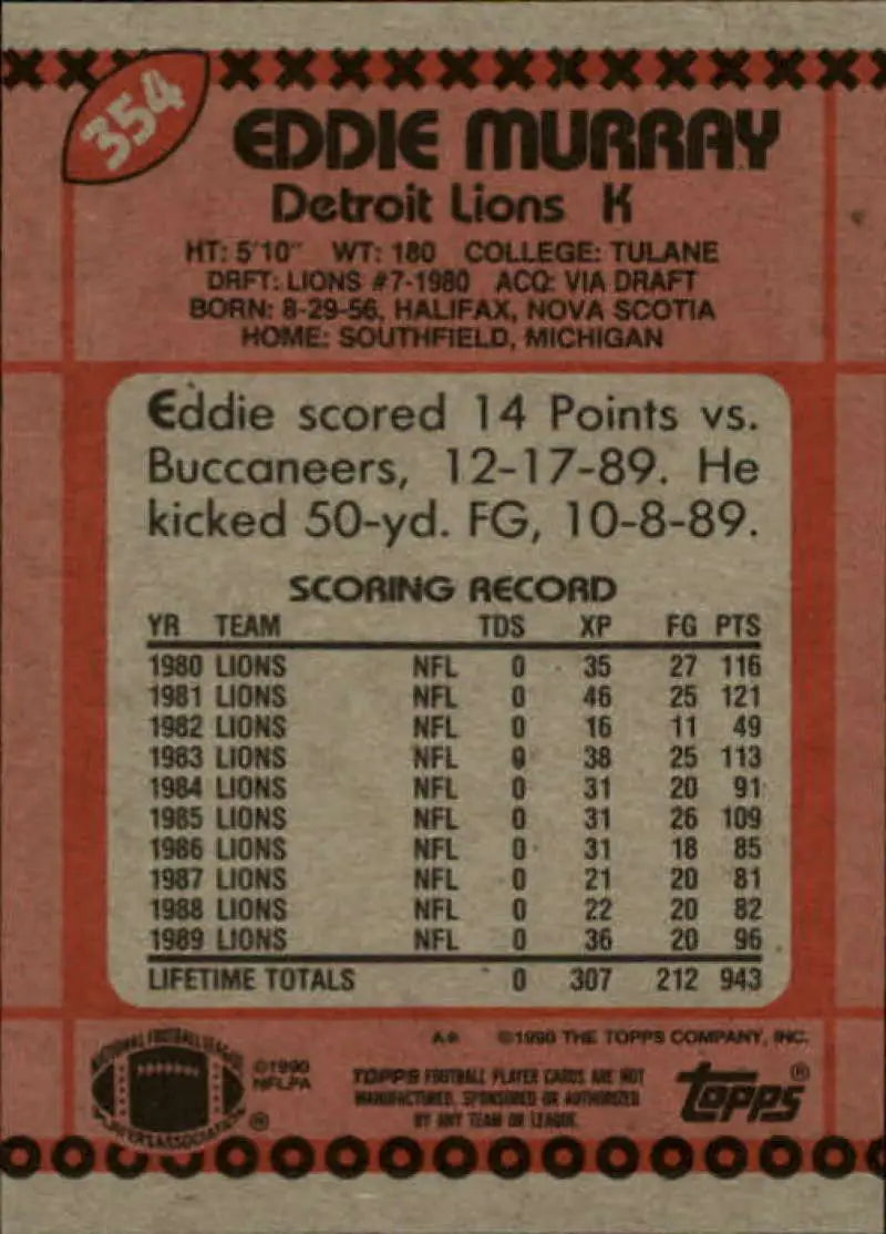 1990 Topps #354 Eddie Murray EX Excellent Detroit Lions Football Card - Football Card Single