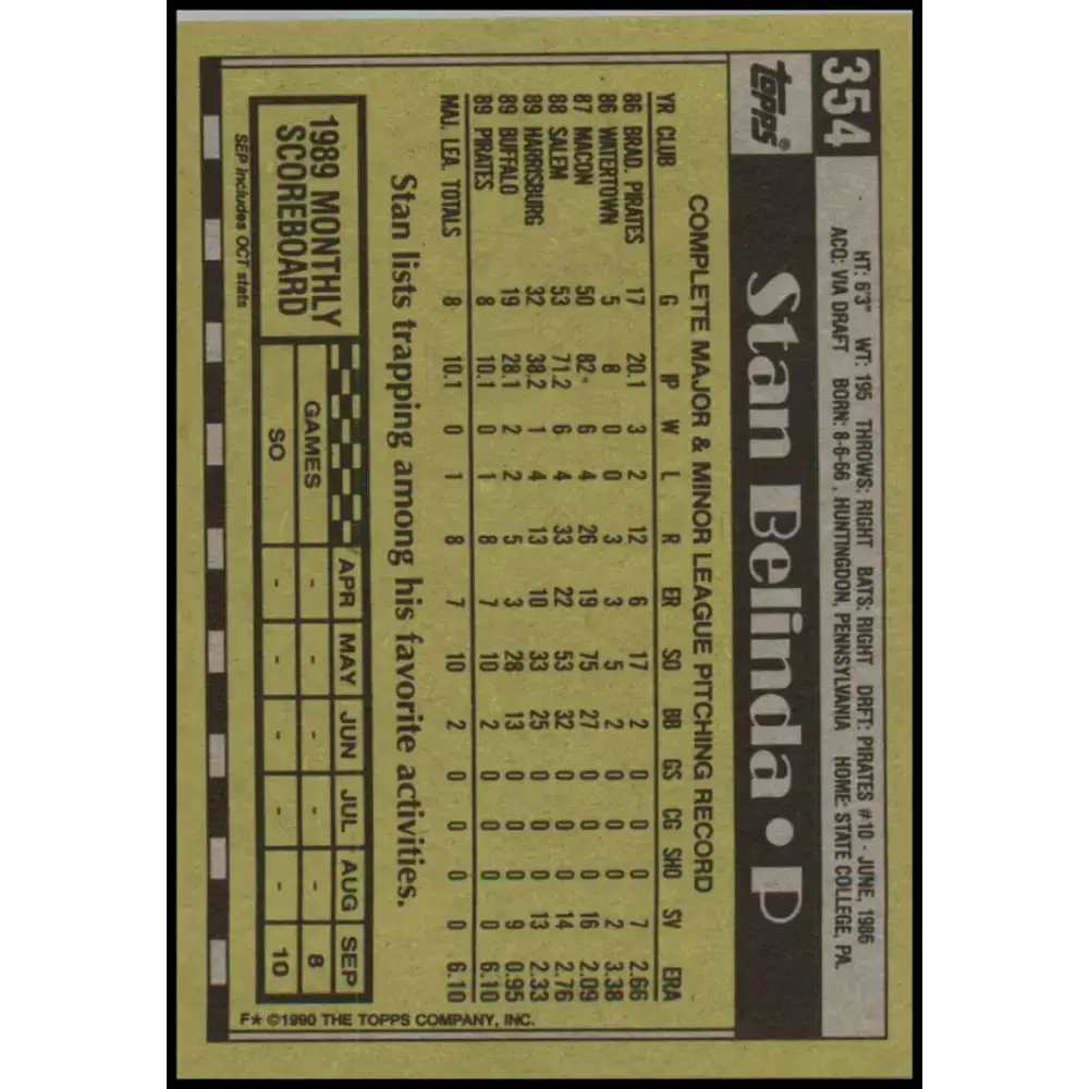 1990 Topps #354 Stan Belinda NM-MT RC Rookie Pittsburgh Pirates Baseball Card - Baseball Card Single