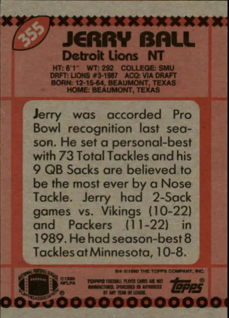 1990 Topps #355 Jerry Ball EX Excellent Detroit Lions Football Card - Football Card Single