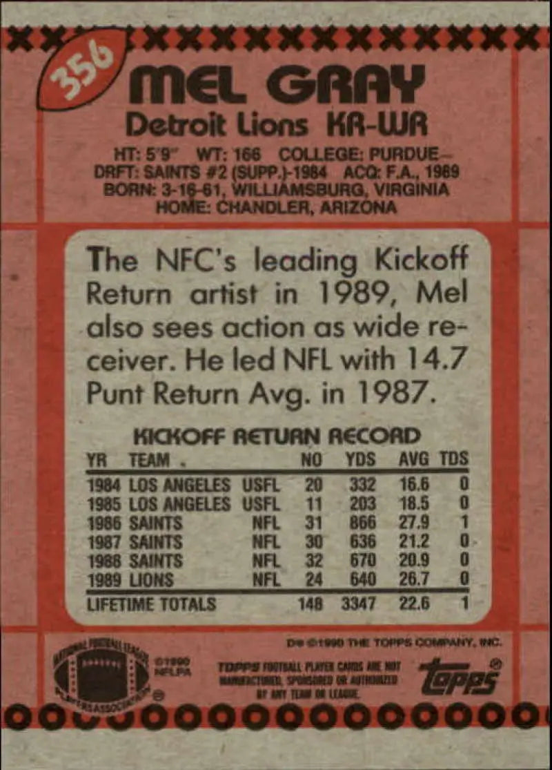 1990 Topps #356 Mel Gray EX Excellent Detroit Lions Football Card - Football Card Single