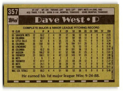 Original gloss Dave West Minnesota Twins baseball card from 1990 Topps #357