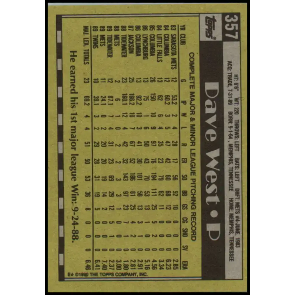 1990 Topps #357 David West NM-MT Minnesota Twins Baseball Card - Baseball Card Single