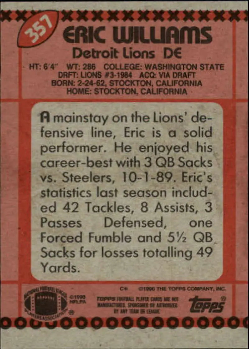 1990 Topps #357 Eric Williams EX Excellent RC Rookie Detroit Lions Football Card - Football Card Single