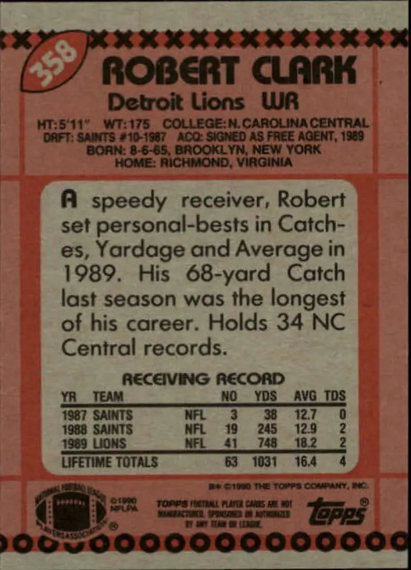 1990 Topps #358 Robert Clark EX Excellent RC Rookie Detroit Lions Football Card - Football Card Single