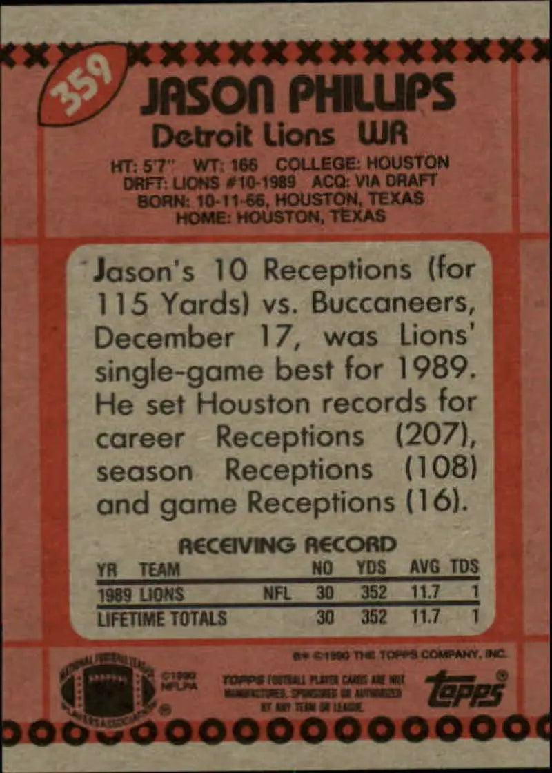 1990 Topps #359 Jason Phillips EX Excellent Detroit Lions Football Card - Football Card Single