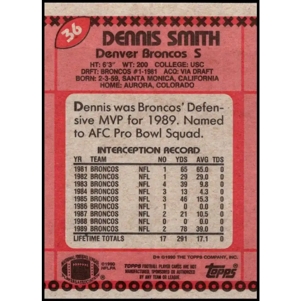 1990 Topps #36 Dennis Smith EX Excellent Denver Broncos Football Card - Football Card Single
