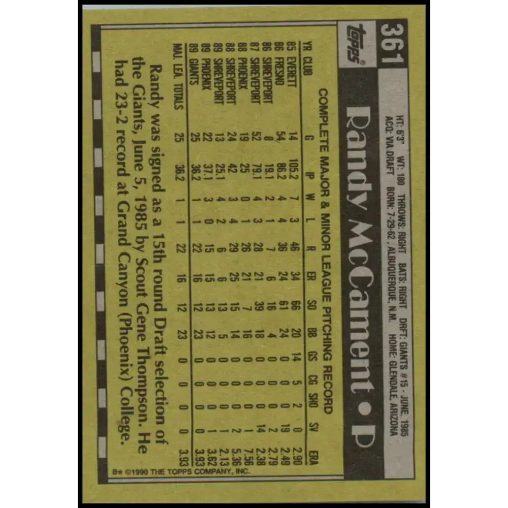 1990 Topps #361 Randy McCament NM-MT RC Rookie San Francisco Giants Baseball Card - Baseball Card Single