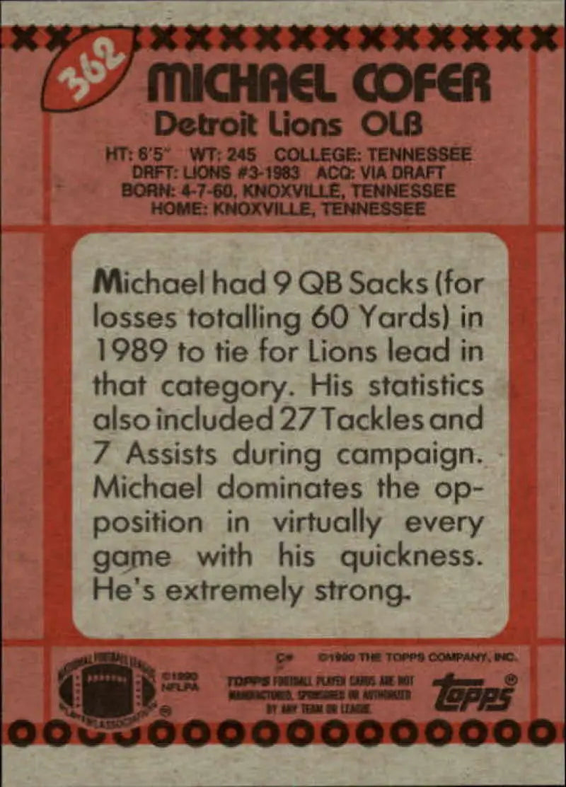 1990 Topps #362 Michael Cofer EX Excellent Detroit Lions Football Card - Football Card Single