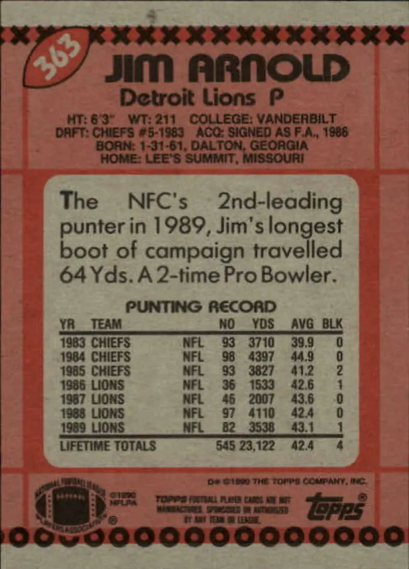 1990 Topps #363 Jim Arnold EX Excellent Detroit Lions Football Card - Football Card Single