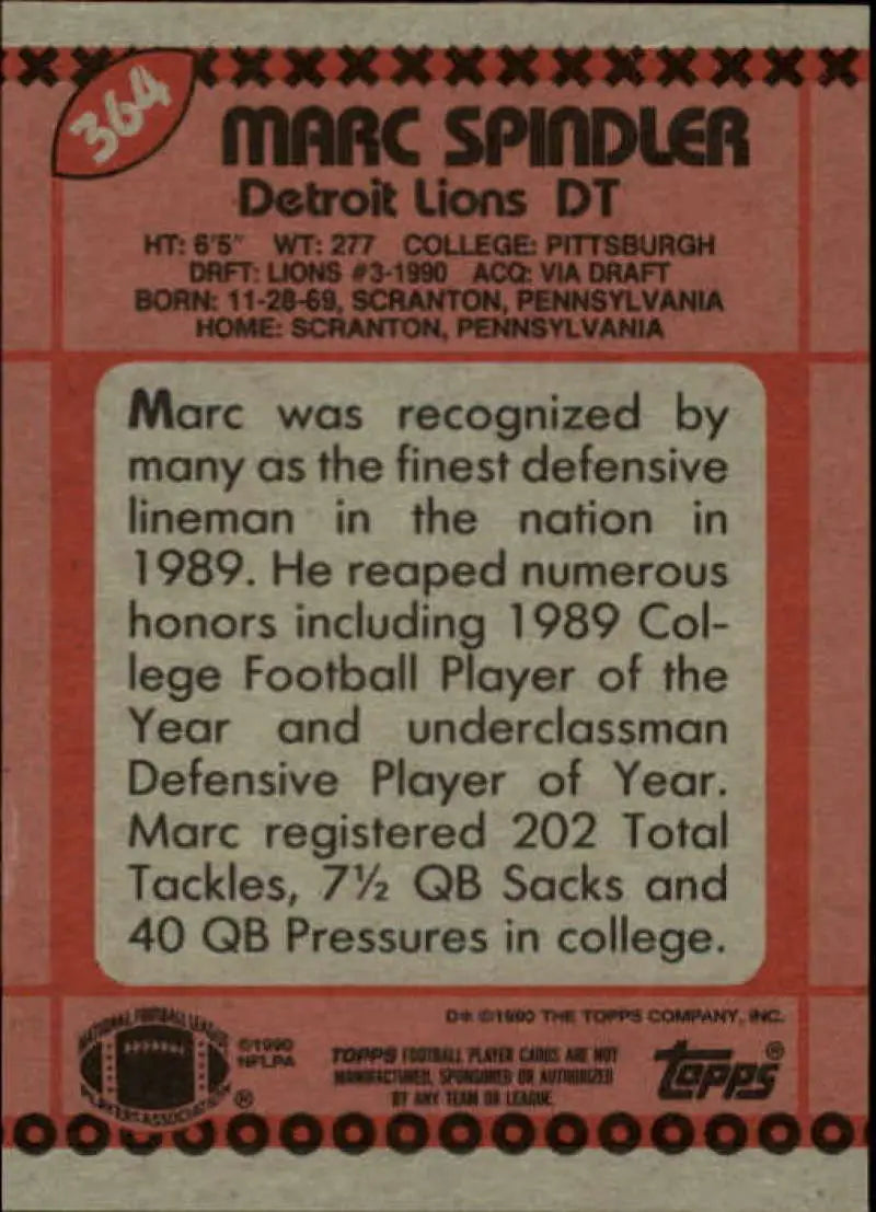 1990 Topps #364 Marc Spindler EX Excellent RC Rookie Detroit Lions Football Card - Football Card Single