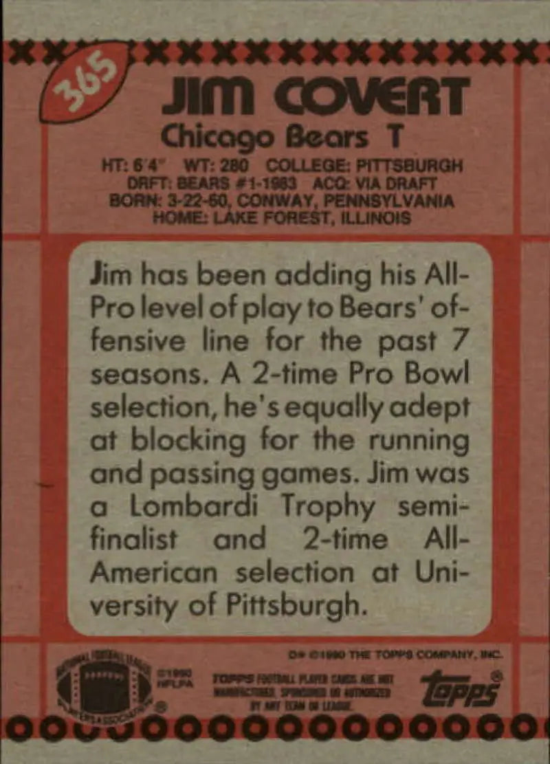 1990 Topps #365 Jim Covert EX Excellent Chicago Bears Football Card