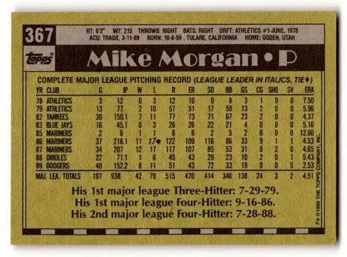 Mike Morgan Los Angeles Dodgers baseball card 1990 Topps #367 in EX/NM condition