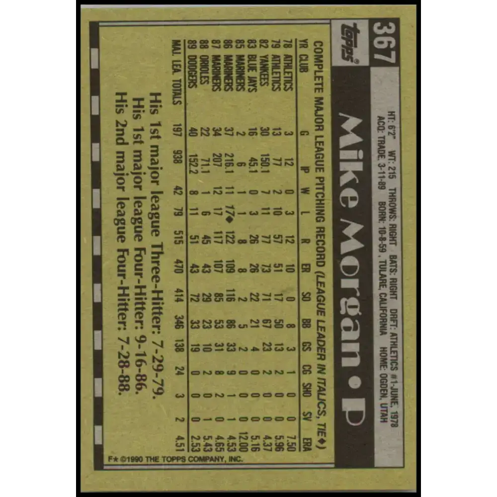 1990 Topps #367 Mike Morgan NM-MT Los Angeles Dodgers Baseball Card - Baseball Card Single