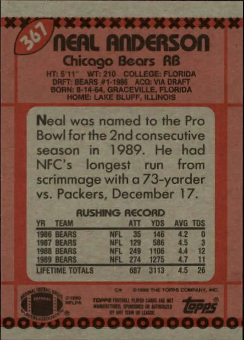 1990 Topps #367 Neal Anderson EX Excellent Chicago Bears Football Card - Football Card Single