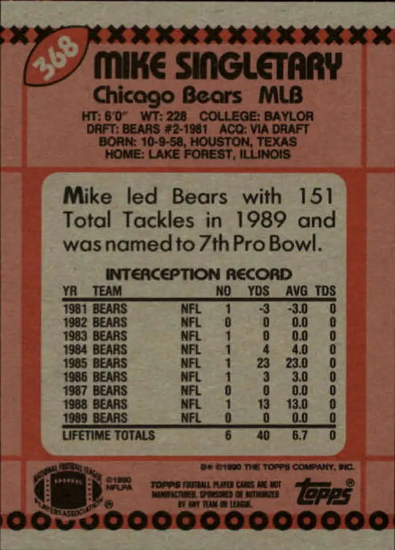 1990 Topps #368 Mike Singletary EX Excellent Chicago Bears Football Card - Football Card Single