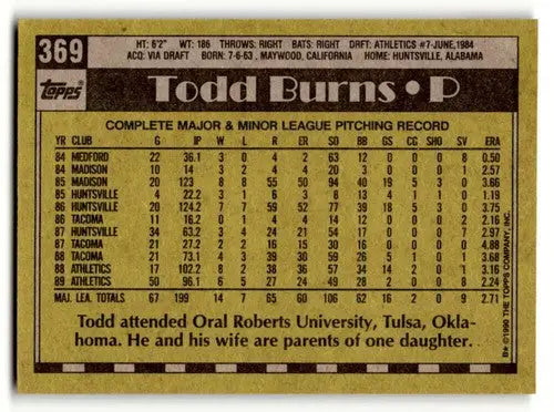 Original gloss 1990 Topps Todd Burns Oakland Athletics baseball card for collectors