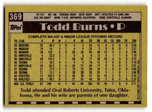 1990 Topps #369 Todd Burns Oakland Athletics Baseball Cards EX/NM ID:53596 - Baseball Card Single