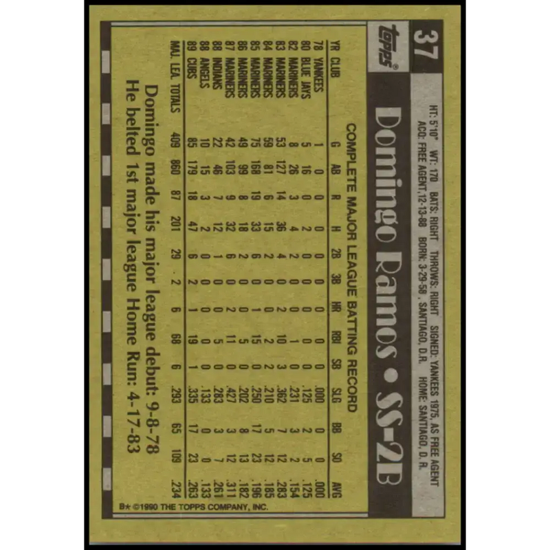 1990 Topps #37 Domingo Ramos NM-MT Chicago Cubs Baseball Card - Baseball Card Single
