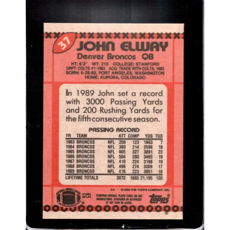 1990 Topps #37 John Elway EX Excellent Denver Broncos Football Card - Football Card Single