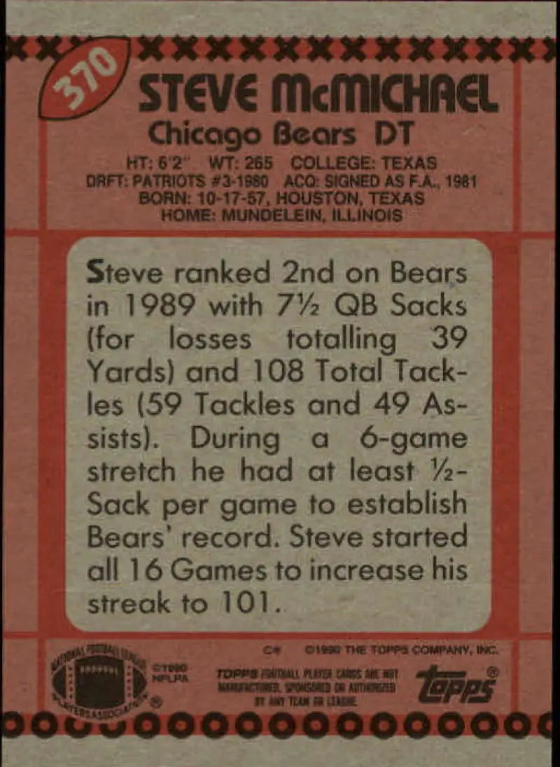 1990 Topps #370 Steve McMichael EX Excellent Chicago Bears Football Card