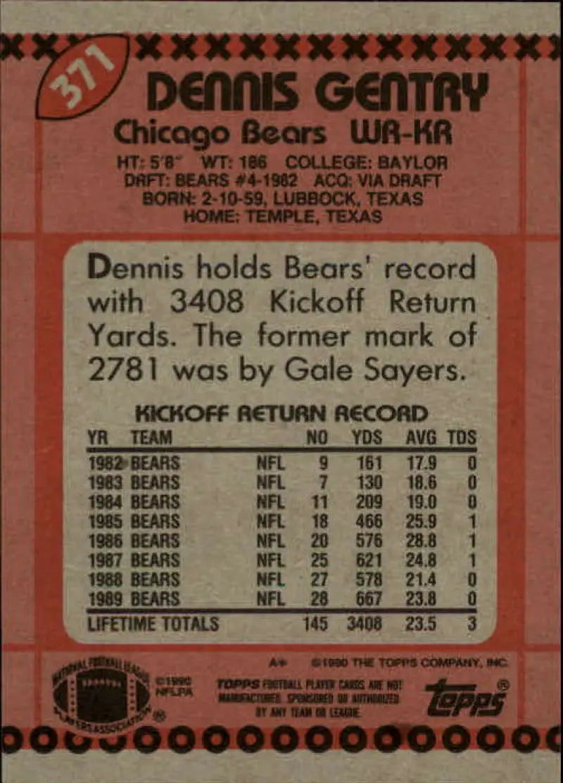 1990 Topps #371 Dennis Gentry EX Excellent Chicago Bears Football Card - Football Card Single