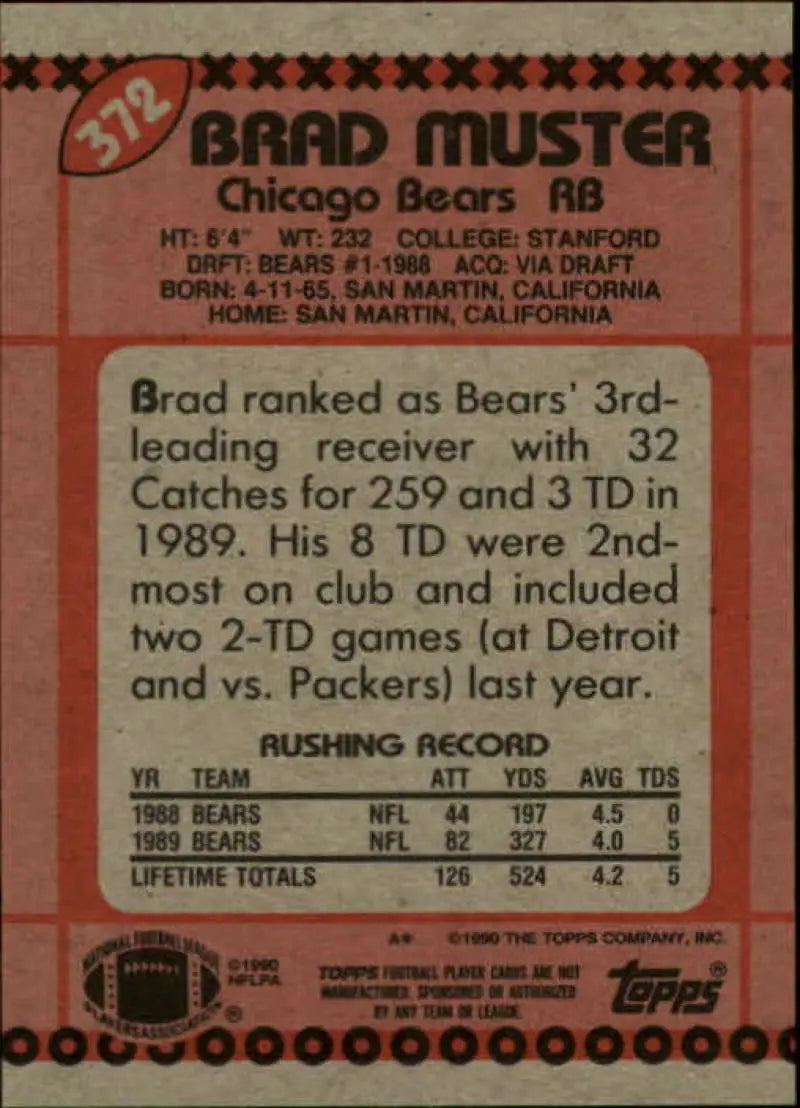 1990 Topps #372 Brad Muster EX Excellent Chicago Bears Football Card - Football Card Single