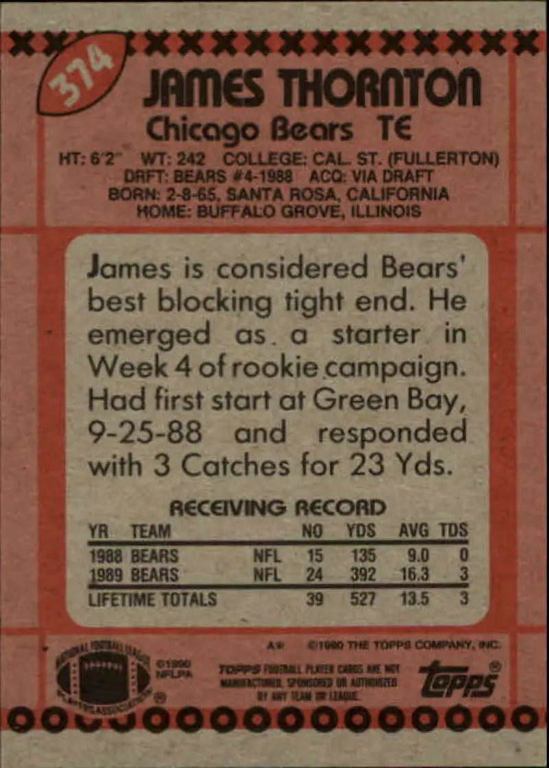 1990 Topps #374 James Thornton EX Excellent Chicago Bears Football Card - Football Card Single