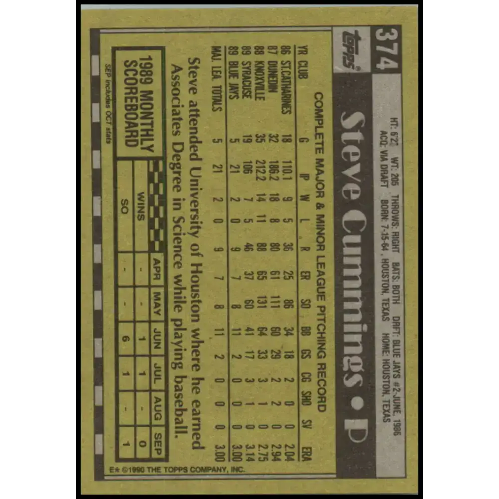 1990 Topps #374 Steve Cummings NM-MT RC Rookie Toronto Blue Jays Baseball Card - Baseball Card Single