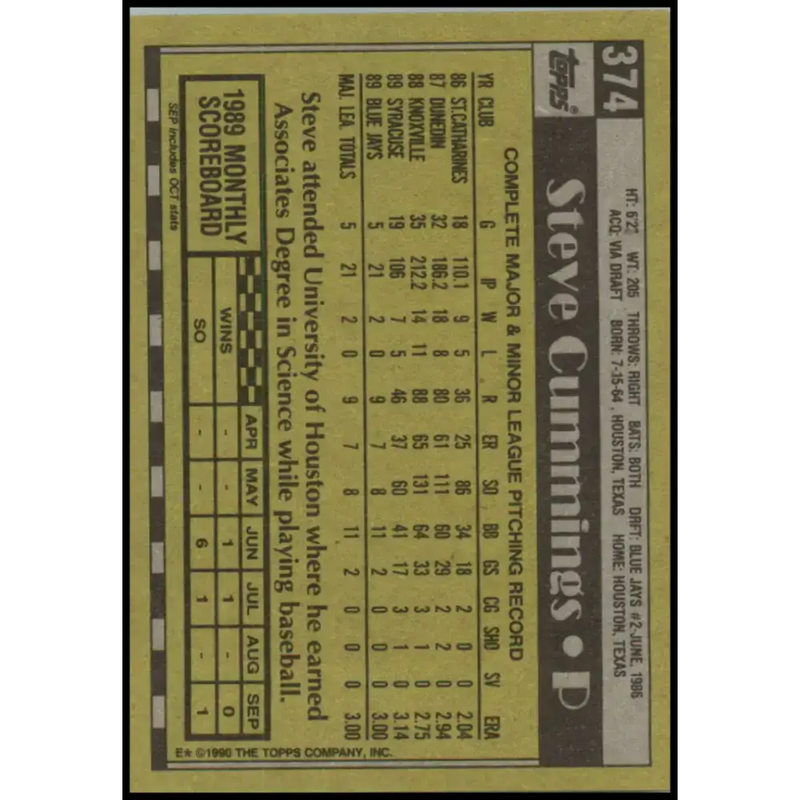 1990 Topps #374 Steve Cummings NM-MT RC Rookie Toronto Blue Jays Baseball Card - Baseball Card Single