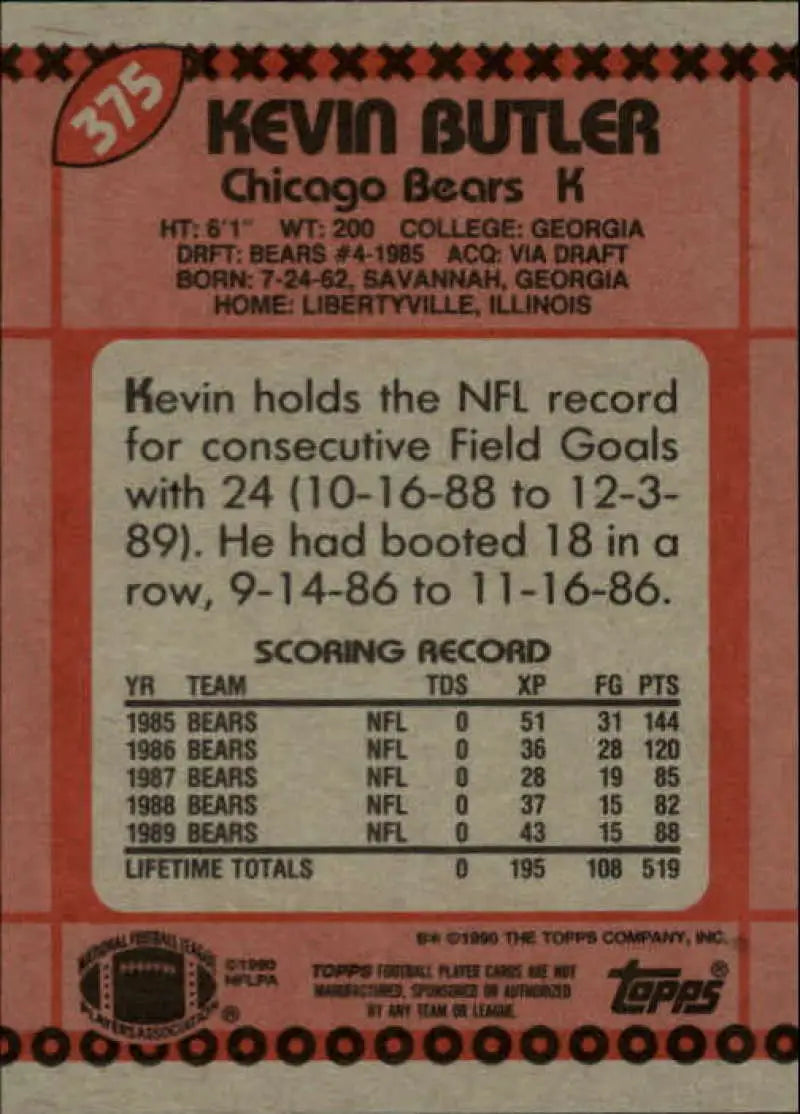 1990 Topps #375 Kevin Butler EX Excellent Chicago Bears Football Card - Football Card Single