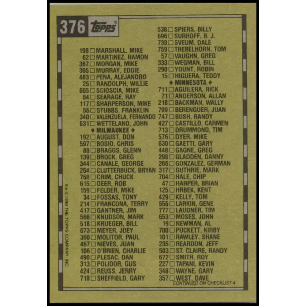 1990 Topps #376 Checklist UER NM-MT Checklist Baseball Card - Baseball Card Single