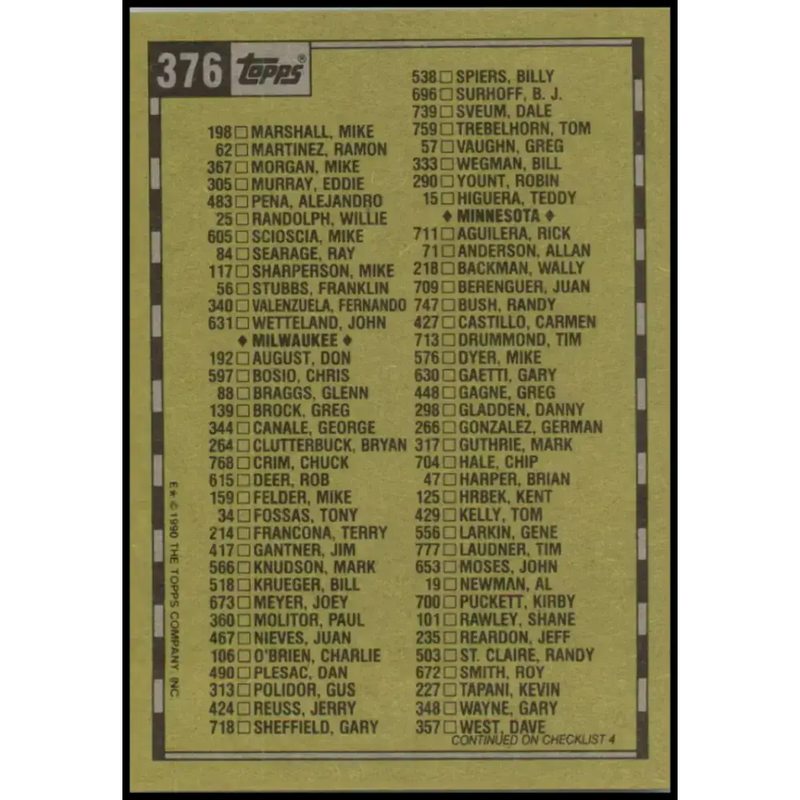 1990 Topps #376 Checklist UER NM-MT Checklist Baseball Card - Baseball Card Single