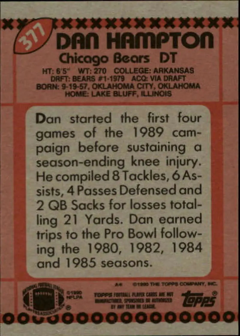 1990 Topps #377 Dan Hampton EX Excellent Chicago Bears Football Card - Football Card Single