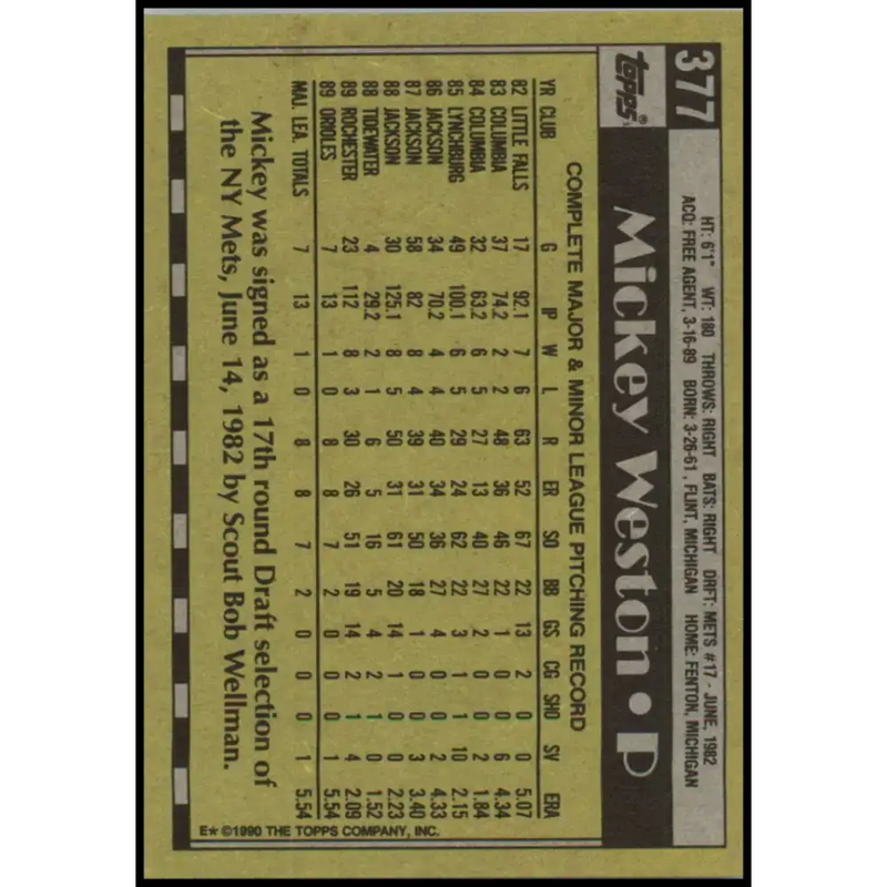 1990 Topps #377 Mickey Weston NM-MT RC Rookie Baltimore Orioles Baseball Card - Baseball Card Single