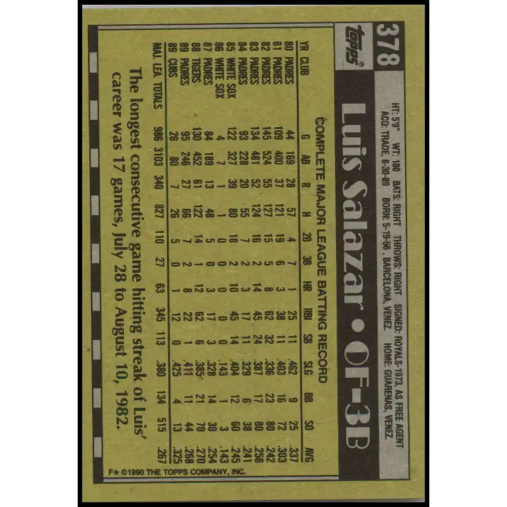 1990 Topps #378 Luis Salazar NM-MT Chicago Cubs Baseball Card - Baseball Card Single