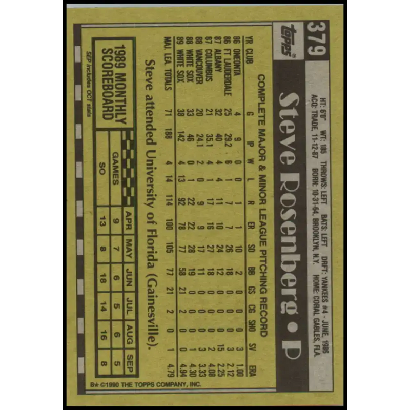 1990 Topps #379 Steve Rosenberg NM-MT Chicago White Sox Baseball Card - Baseball Card Single