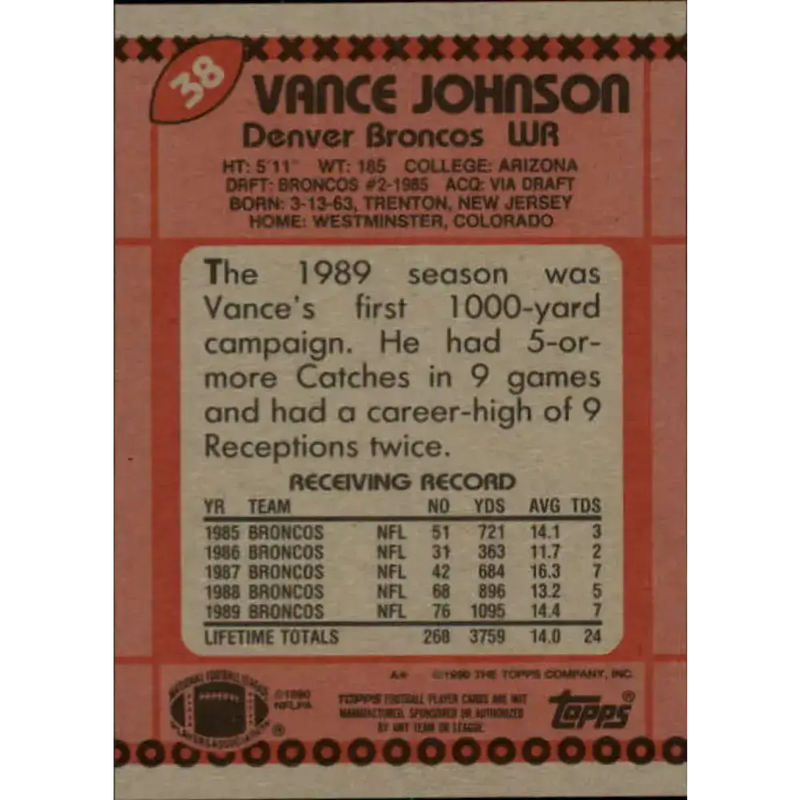 1990 Topps #38 Vance Johnson EX Excellent Denver Broncos Football Card - Football Card Single