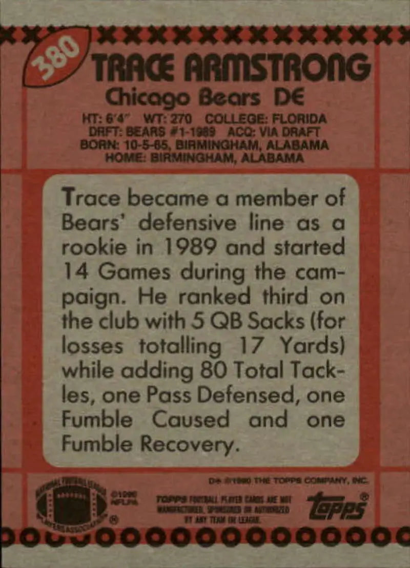 1990 Topps #380 Trace Armstrong EX Excellent Chicago Bears Football Card - Football Card Single