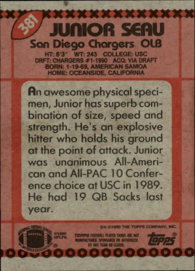 1990 Topps #381 Junior Seau EX Excellent RC Rookie San Diego Chargers Football Card