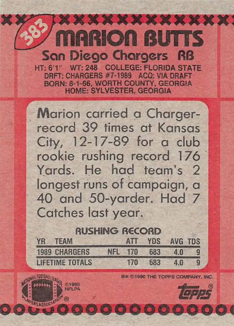 1990 Topps #383 Marion Butts EX Excellent San Diego Chargers Football Card - Football Card Single