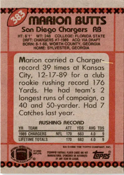 1990 Topps #383b Marion Butts - Football Card Single