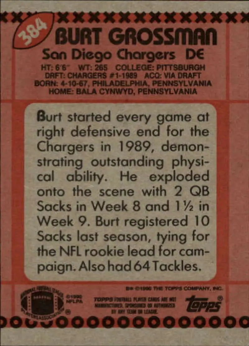 1990 Topps #384 Burt Grossman EX Excellent San Diego Chargers Football Card - Football Card Single