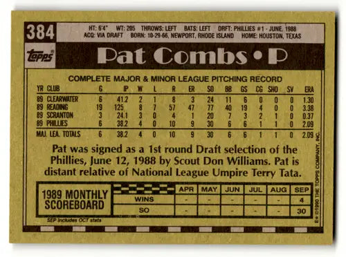 Original gloss Pat Combs baseball card from 1990 Topps #384 featuring Phillies player