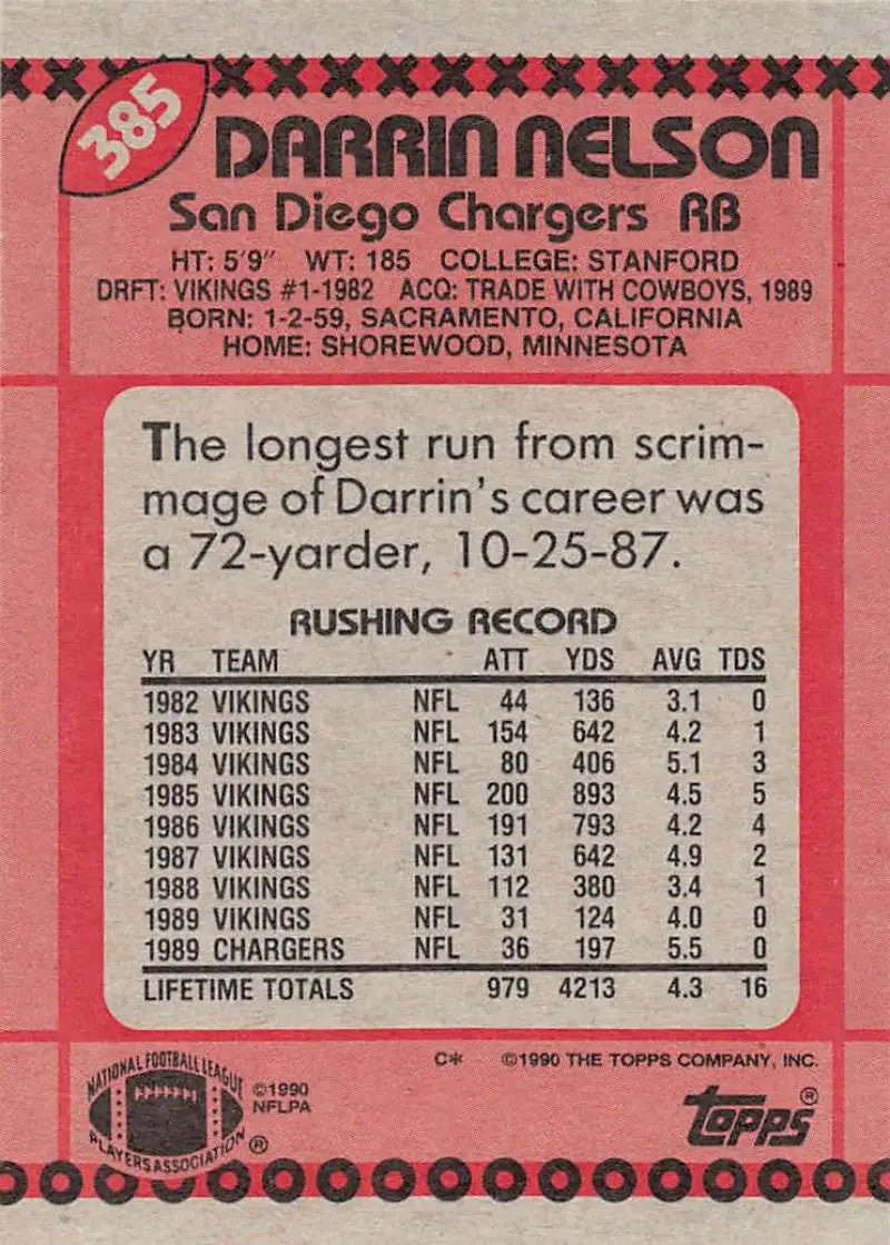 1990 Topps #385 Darrin Nelson EX Excellent San Diego Chargers Football Card - Football Card Single