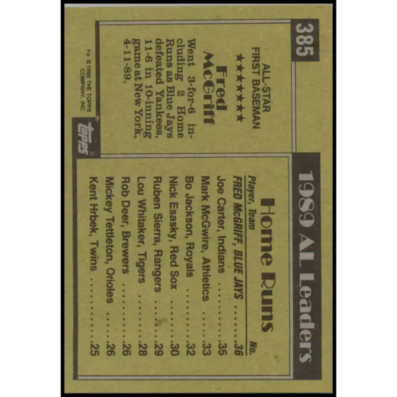 1990 Topps #385 Fred McGriff AS NM-MT Toronto Blue Jays Baseball Card - Baseball Card Single